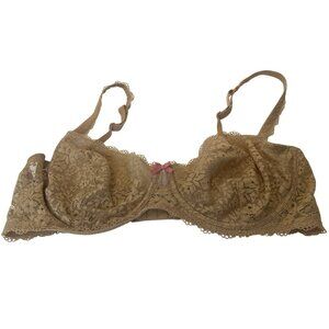 Gillian & OMalley Beige Lace Underwire Bra With Pink Bow Accent 38D